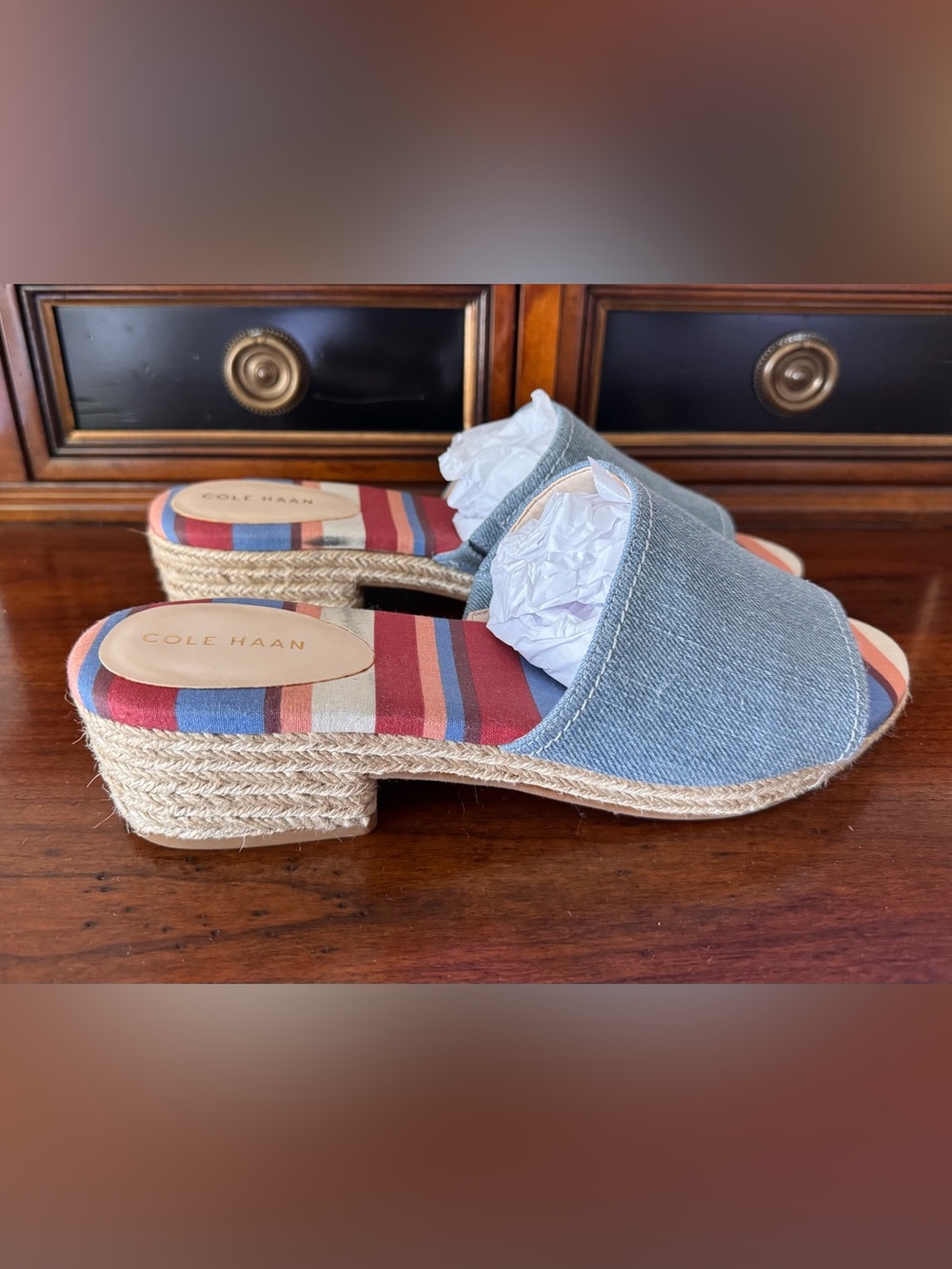 Cole Haan Denim Espadrille Slide Mules in Blue with Multicolor Stripe Insole NWT